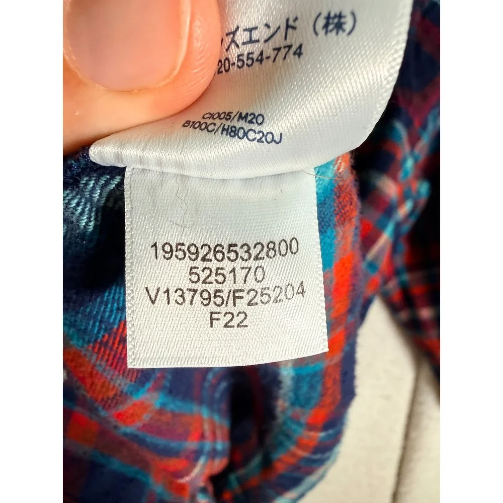 Lands End Boys XXL 18-20 Hooded Flannel Shirt Red Blue Plaid Button Up 525170